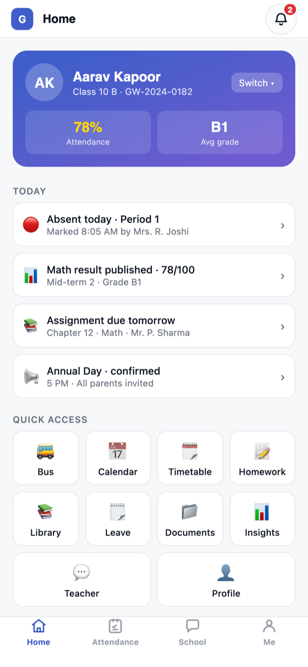The parent app: attendance, published results, homework due and school notices